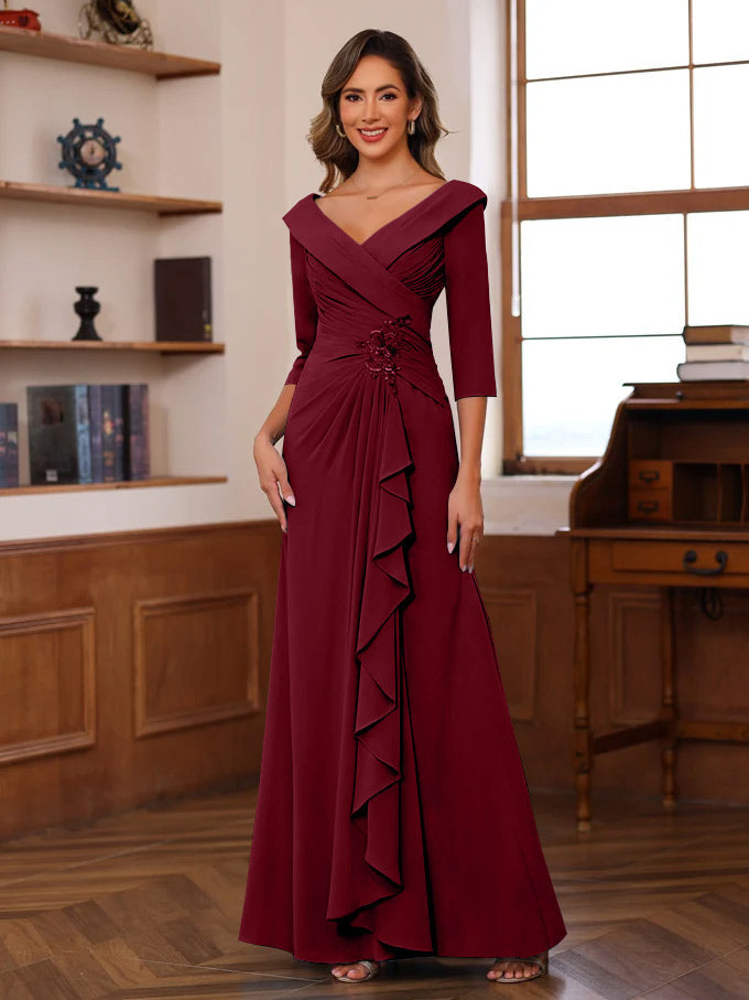 Sheath/Column V-Neck 3/4 Length Sleeves Floor-Length Unique Mother of the Bride Dresses with Ruffles & Appliques - Image 9