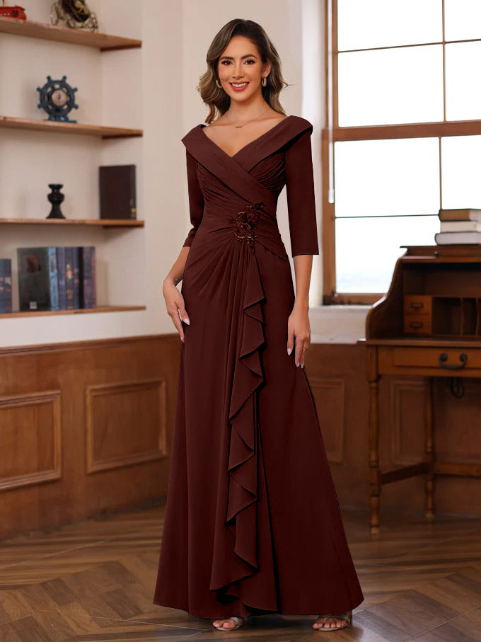 Sheath/Column V-Neck 3/4 Length Sleeves Floor-Length Unique Mother of the Bride Dresses with Ruffles & Appliques - Image 10