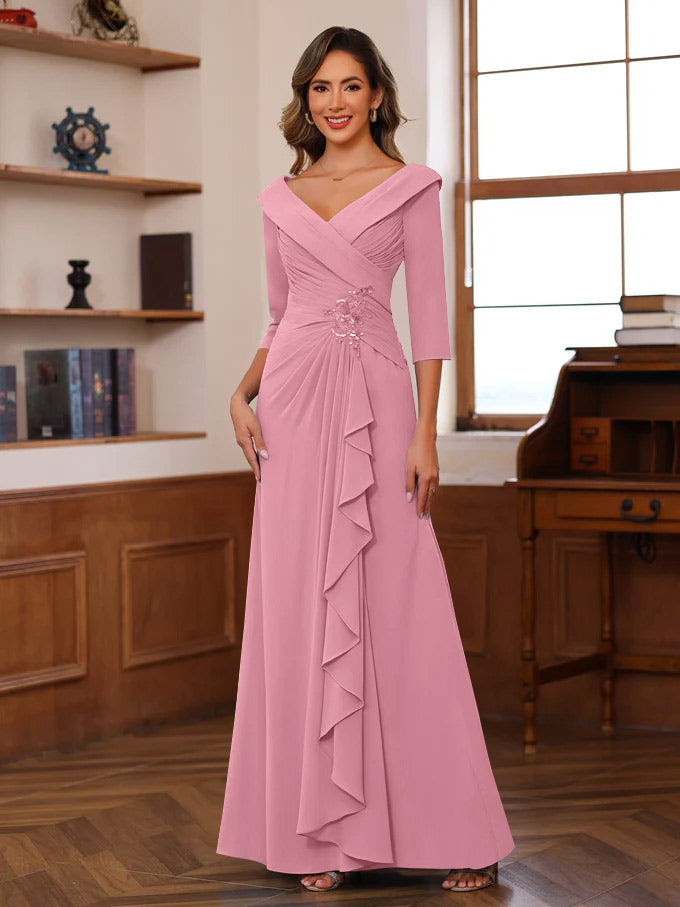 Sheath/Column V-Neck 3/4 Length Sleeves Floor-Length Unique Mother of the Bride Dresses with Ruffles & Appliques - Image 21