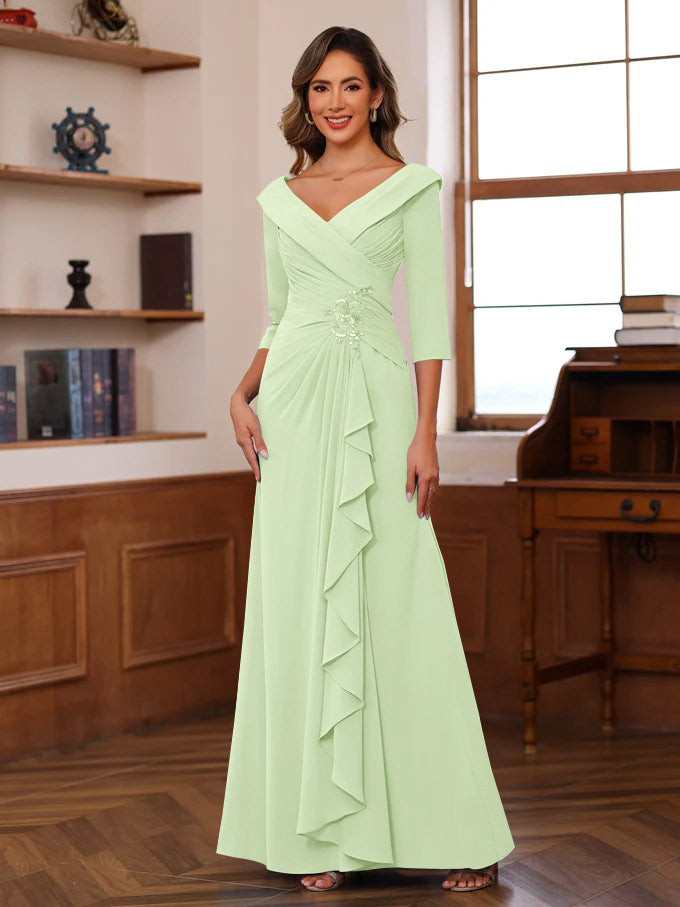 Sheath/Column V-Neck 3/4 Length Sleeves Floor-Length Unique Mother of the Bride Dresses with Ruffles & Appliques - Image 22