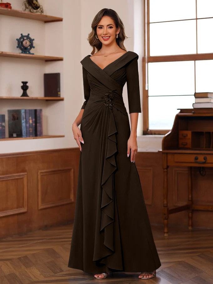 Sheath/Column V-Neck 3/4 Length Sleeves Floor-Length Unique Mother of the Bride Dresses with Ruffles & Appliques - Image 24