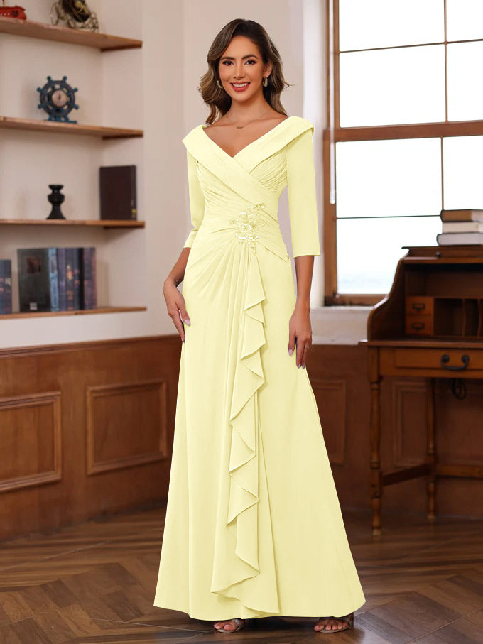 Sheath/Column V-Neck 3/4 Length Sleeves Floor-Length Unique Mother of the Bride Dresses with Ruffles & Appliques - Image 26