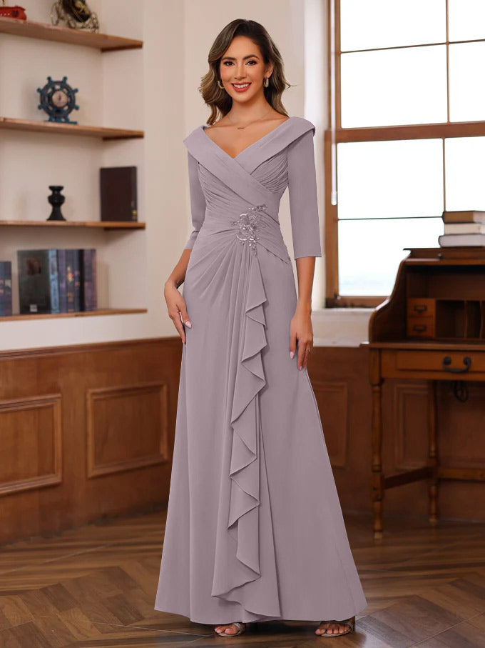 Sheath/Column V-Neck 3/4 Length Sleeves Floor-Length Unique Mother of the Bride Dresses with Ruffles & Appliques - Image 28