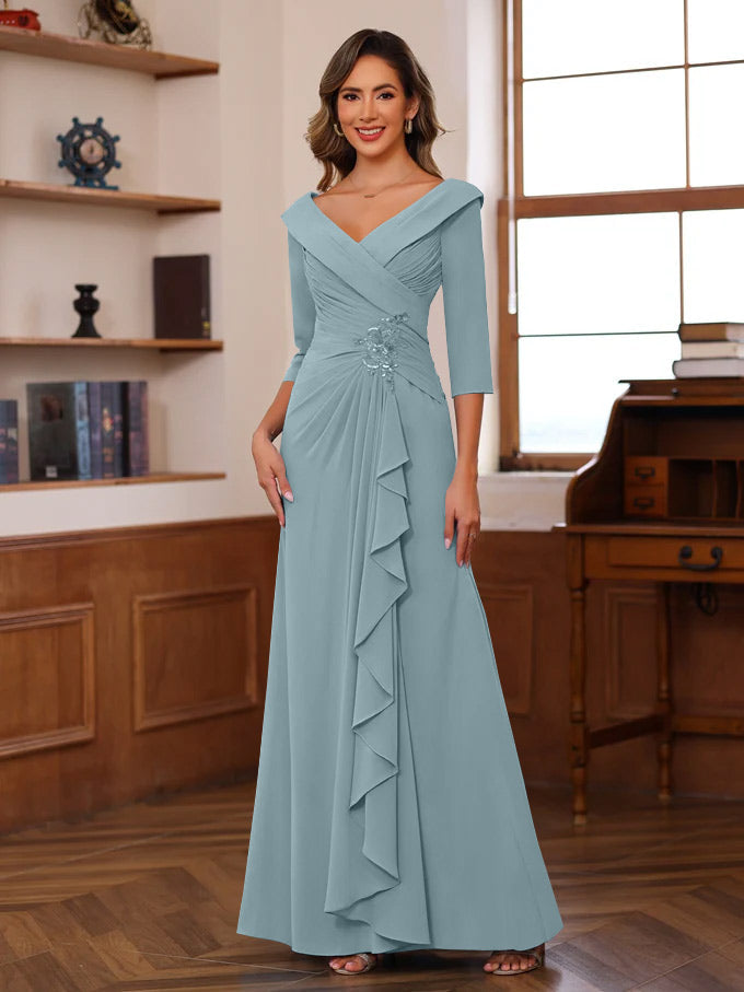 Sheath/Column V-Neck 3/4 Length Sleeves Floor-Length Unique Mother of the Bride Dresses with Ruffles & Appliques - Image 13