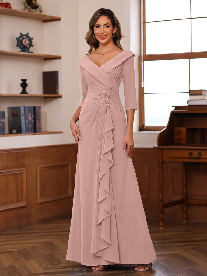 Sheath/Column V-Neck 3/4 Length Sleeves Floor-Length Unique Mother of the Bride Dresses with Ruffles & Appliques - Image 29