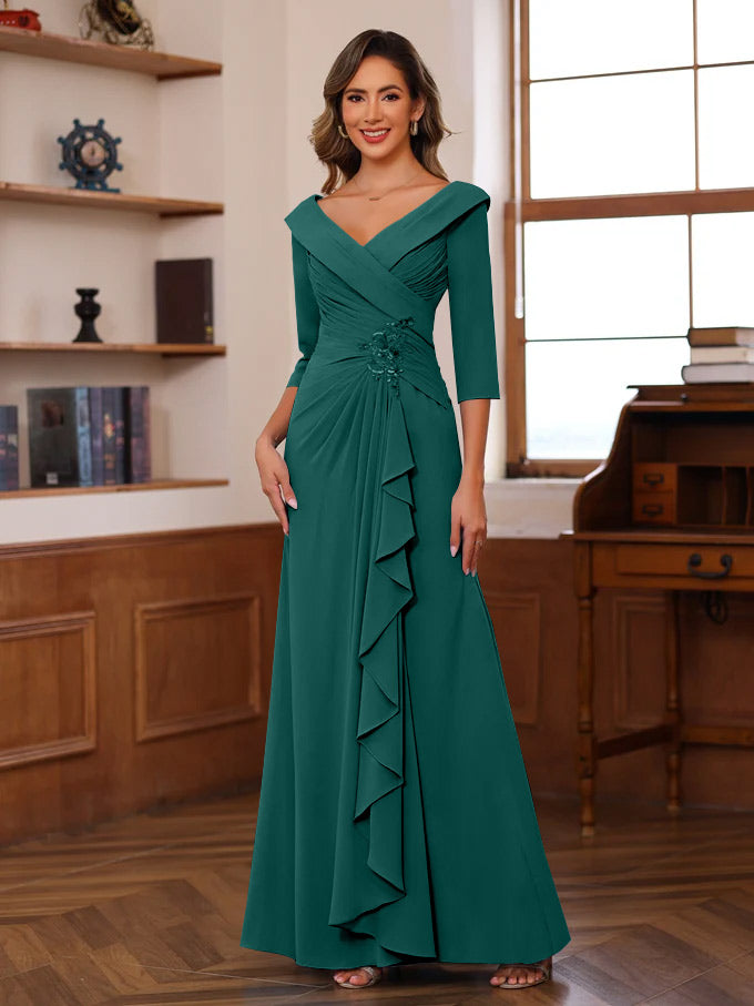 Sheath/Column V-Neck 3/4 Length Sleeves Floor-Length Unique Mother of the Bride Dresses with Ruffles & Appliques - Image 30