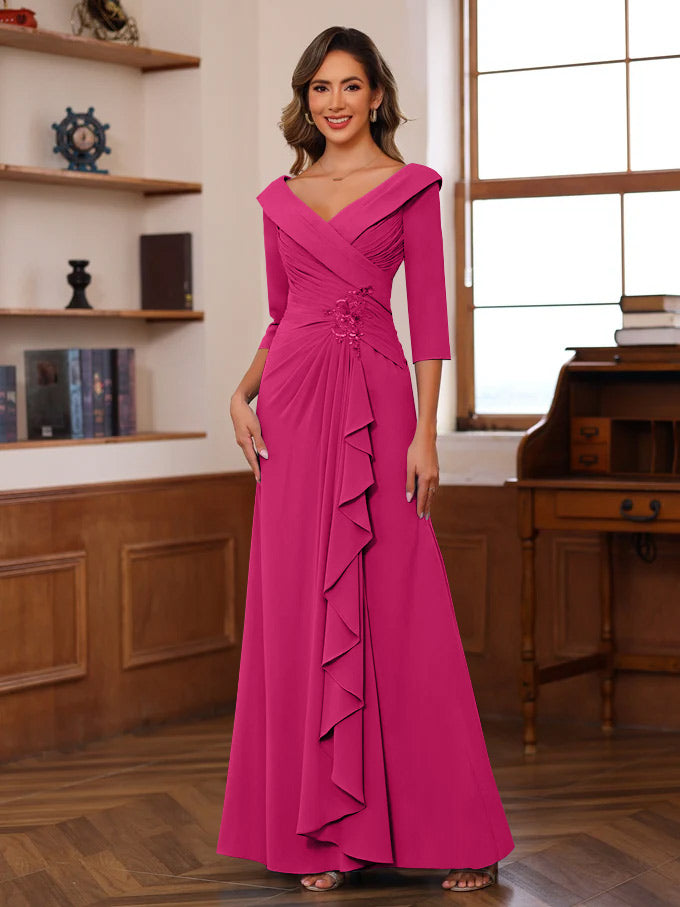 Sheath/Column V-Neck 3/4 Length Sleeves Floor-Length Unique Mother of the Bride Dresses with Ruffles & Appliques - Image 14