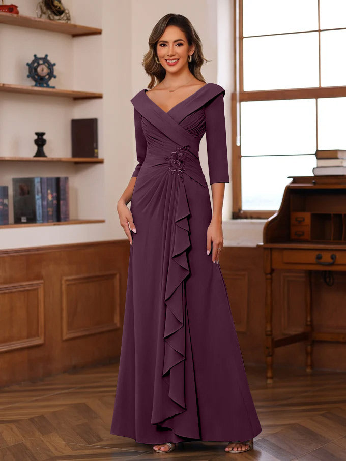 Sheath/Column V-Neck 3/4 Length Sleeves Floor-Length Unique Mother of the Bride Dresses with Ruffles & Appliques - Image 15