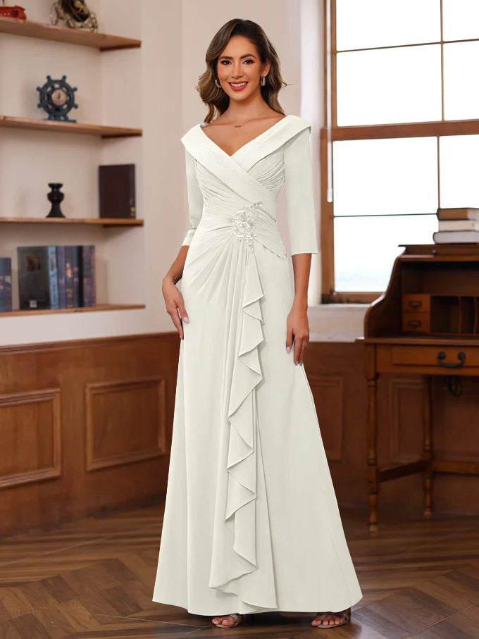 Sheath/Column V-Neck 3/4 Length Sleeves Floor-Length Unique Mother of the Bride Dresses with Ruffles & Appliques - Image 16