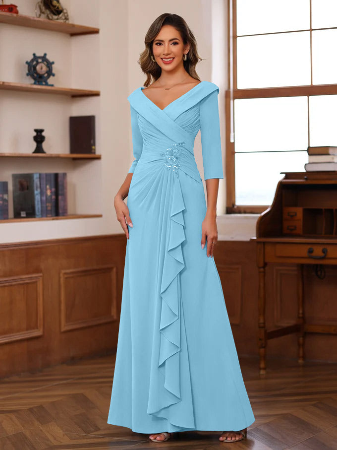 Sheath/Column V-Neck 3/4 Length Sleeves Floor-Length Unique Mother of the Bride Dresses with Ruffles & Appliques - Image 35
