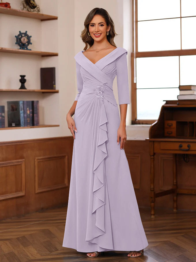Sheath/Column V-Neck 3/4 Length Sleeves Floor-Length Unique Mother of the Bride Dresses with Ruffles & Appliques - Image 36