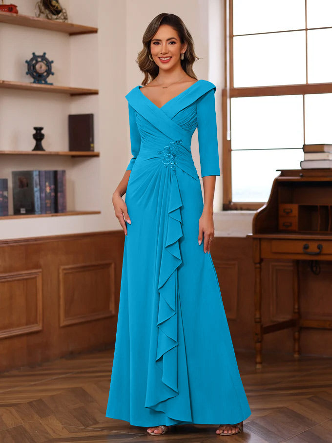 Sheath/Column V-Neck 3/4 Length Sleeves Floor-Length Unique Mother of the Bride Dresses with Ruffles & Appliques - Image 40