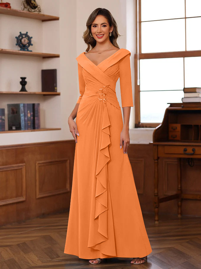 Sheath/Column V-Neck 3/4 Length Sleeves Floor-Length Unique Mother of the Bride Dresses with Ruffles & Appliques - Image 41