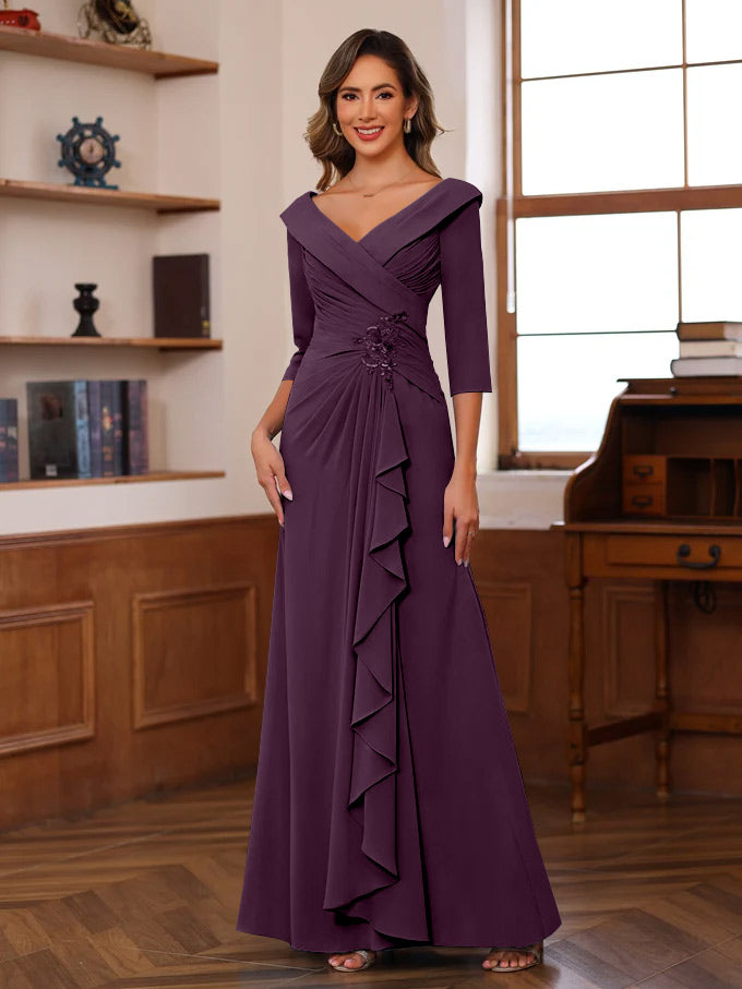 Sheath/Column V-Neck 3/4 Length Sleeves Floor-Length Unique Mother of the Bride Dresses with Ruffles & Appliques - Image 17