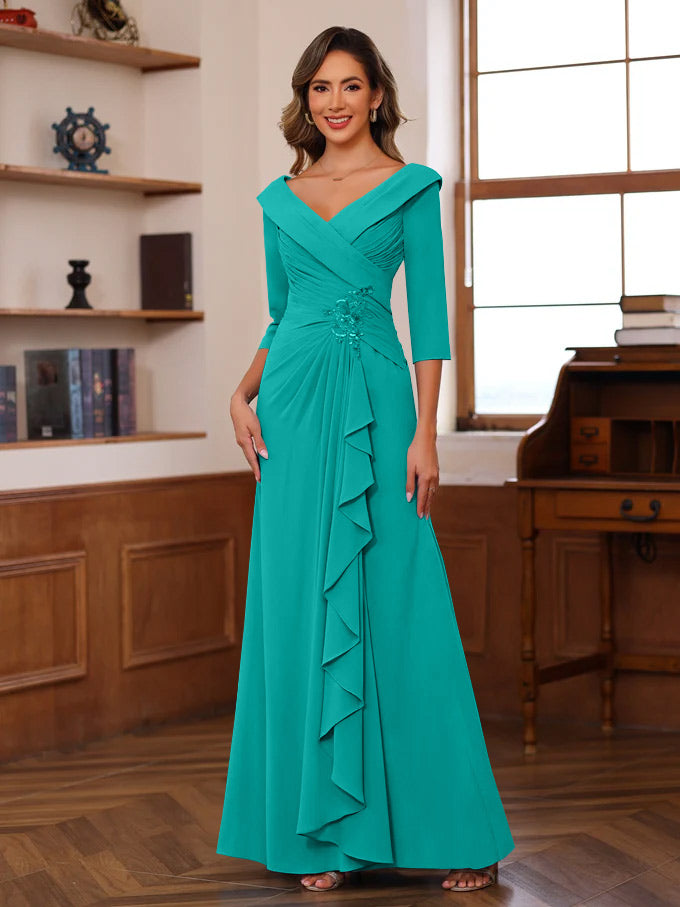Sheath/Column V-Neck 3/4 Length Sleeves Floor-Length Unique Mother of the Bride Dresses with Ruffles & Appliques - Image 45
