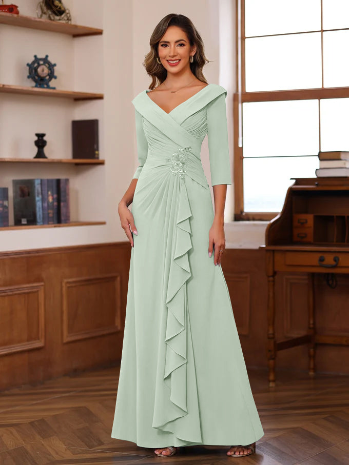 Sheath/Column V-Neck 3/4 Length Sleeves Floor-Length Unique Mother of the Bride Dresses with Ruffles & Appliques - Image 47