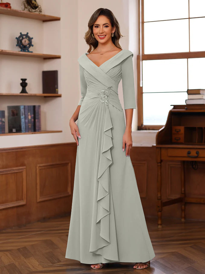 Sheath/Column V-Neck 3/4 Length Sleeves Floor-Length Unique Mother of the Bride Dresses with Ruffles & Appliques - Image 7