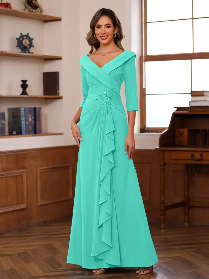 Sheath/Column V-Neck 3/4 Length Sleeves Floor-Length Unique Mother of the Bride Dresses with Ruffles & Appliques - Image 49