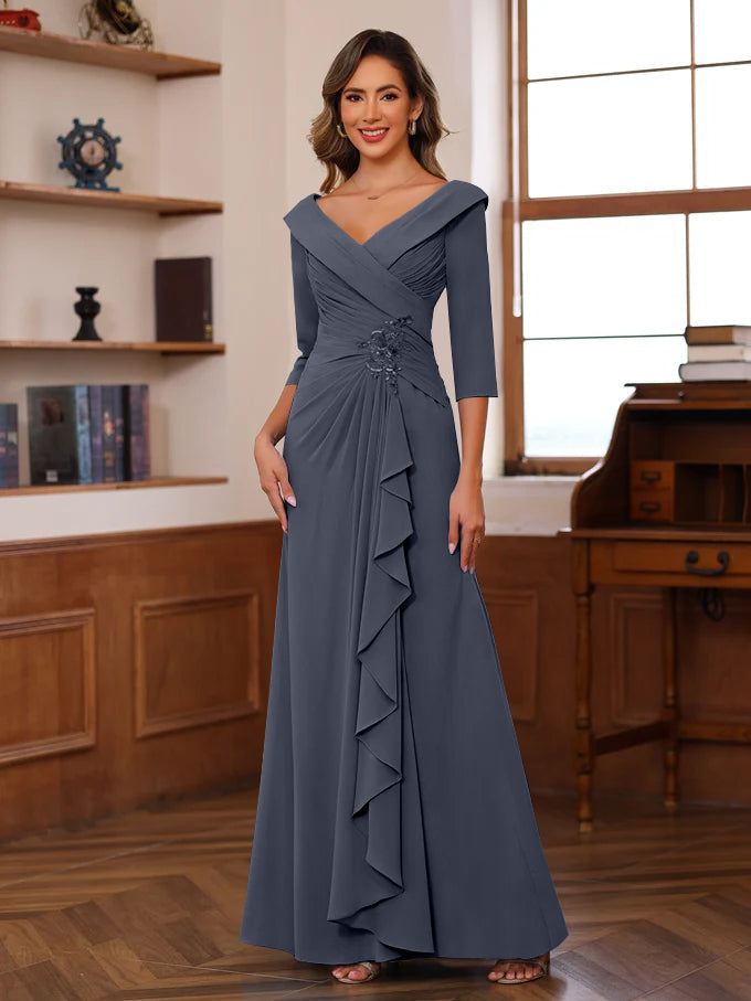 Sheath/Column V-Neck 3/4 Length Sleeves Floor-Length Unique Mother of the Bride Dresses with Ruffles & Appliques - Image 50