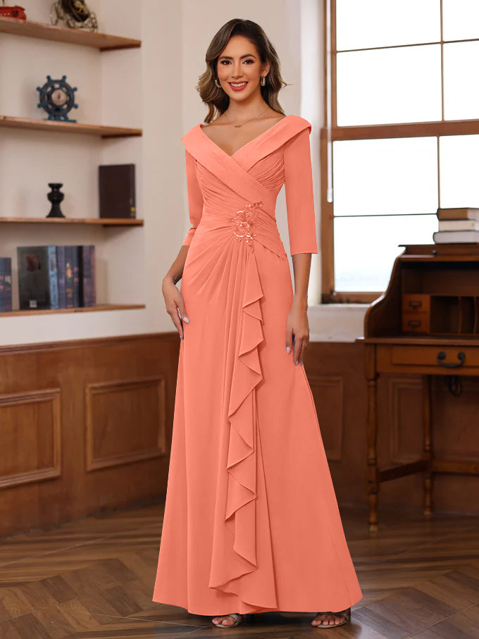 Sheath/Column V-Neck 3/4 Length Sleeves Floor-Length Unique Mother of the Bride Dresses with Ruffles & Appliques - Image 53