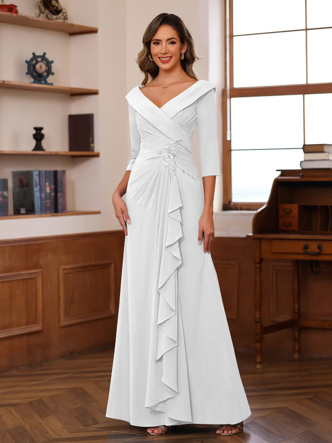 Sheath/Column V-Neck 3/4 Length Sleeves Floor-Length Unique Mother of the Bride Dresses with Ruffles & Appliques - Image 54