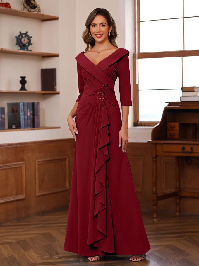 Sheath/Column V-Neck 3/4 Length Sleeves Floor-Length Unique Mother of the Bride Dresses with Ruffles & Appliques - Image 55