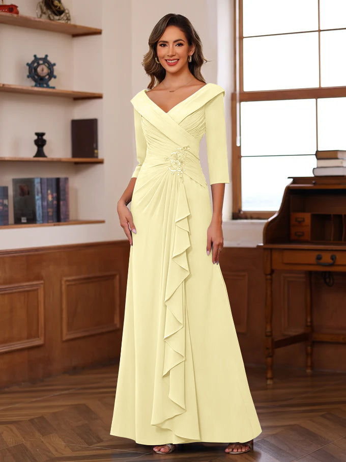 Sheath/Column V-Neck 3/4 Length Sleeves Floor-Length Unique Mother of the Bride Dresses with Ruffles & Appliques - Image 57