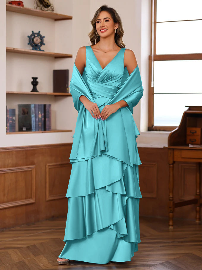 A-Line/Princess V-Neck Sleeveless Floor-Length Mother of the Bride Dresses With Ruffles & Wrap - 이미지 16