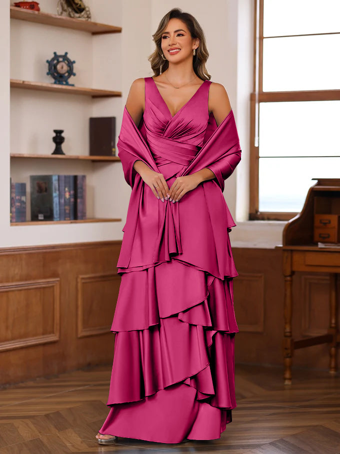 A-Line/Princess V-Neck Sleeveless Floor-Length Mother of the Bride Dresses With Ruffles & Wrap - 이미지 30