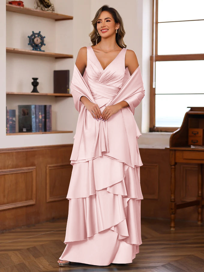 A-Line/Princess V-Neck Sleeveless Floor-Length Mother of the Bride Dresses With Ruffles & Wrap - 이미지 32