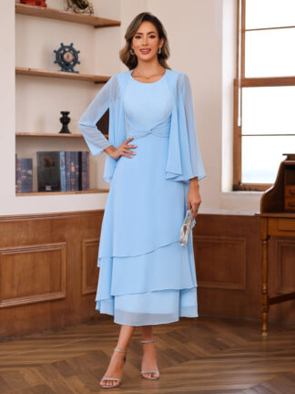 A-Line/Princess Scoop Neck 2 Pcs Tea-Length Mother of the Bride Dresses with Ruffles & jacket