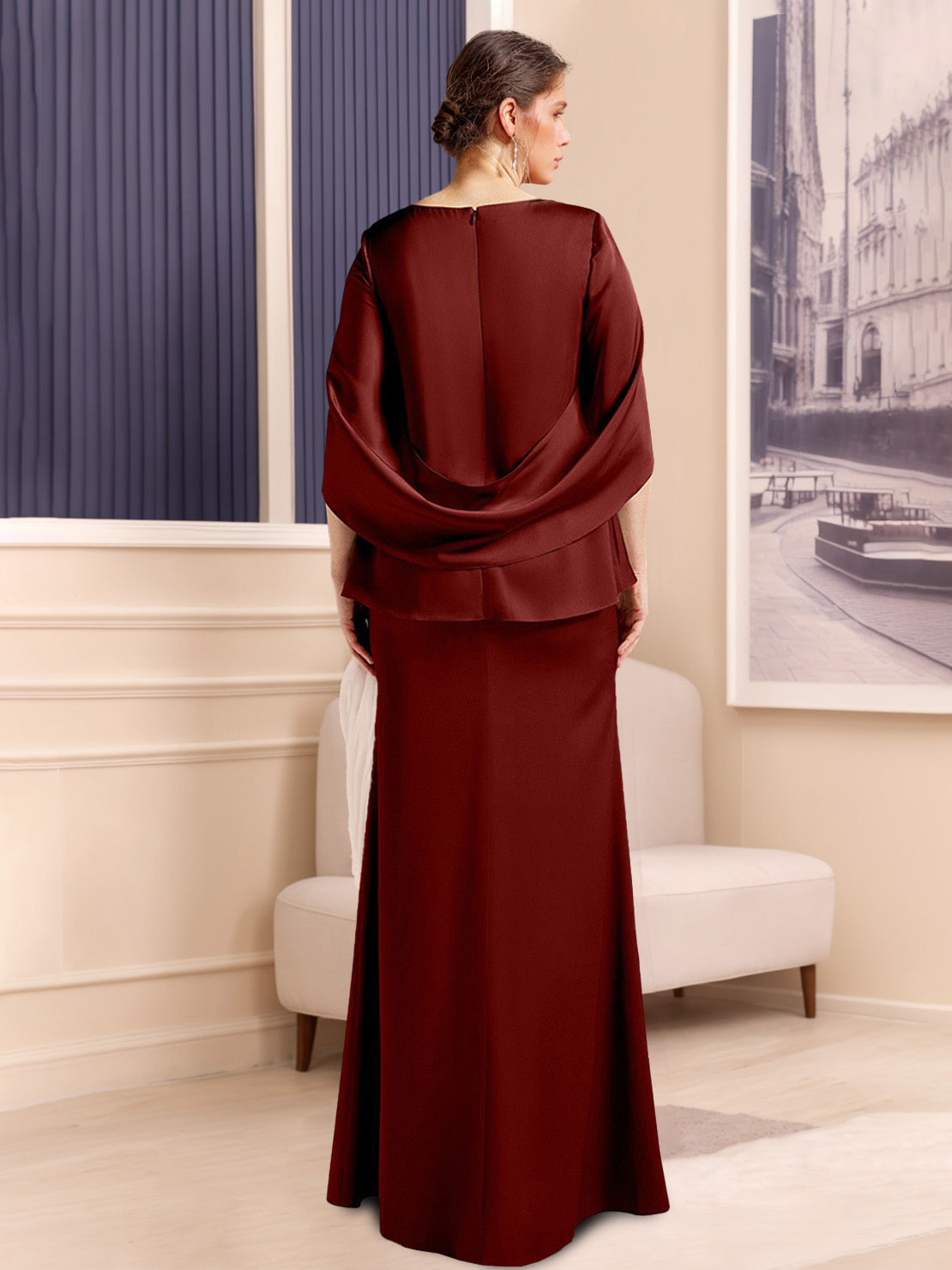 Sheath/Column Scoop Neck Half Sleeves Floor-Length Stretch Satin Plus Size Mother of the Bride/Groom Dresses - 이미지 2