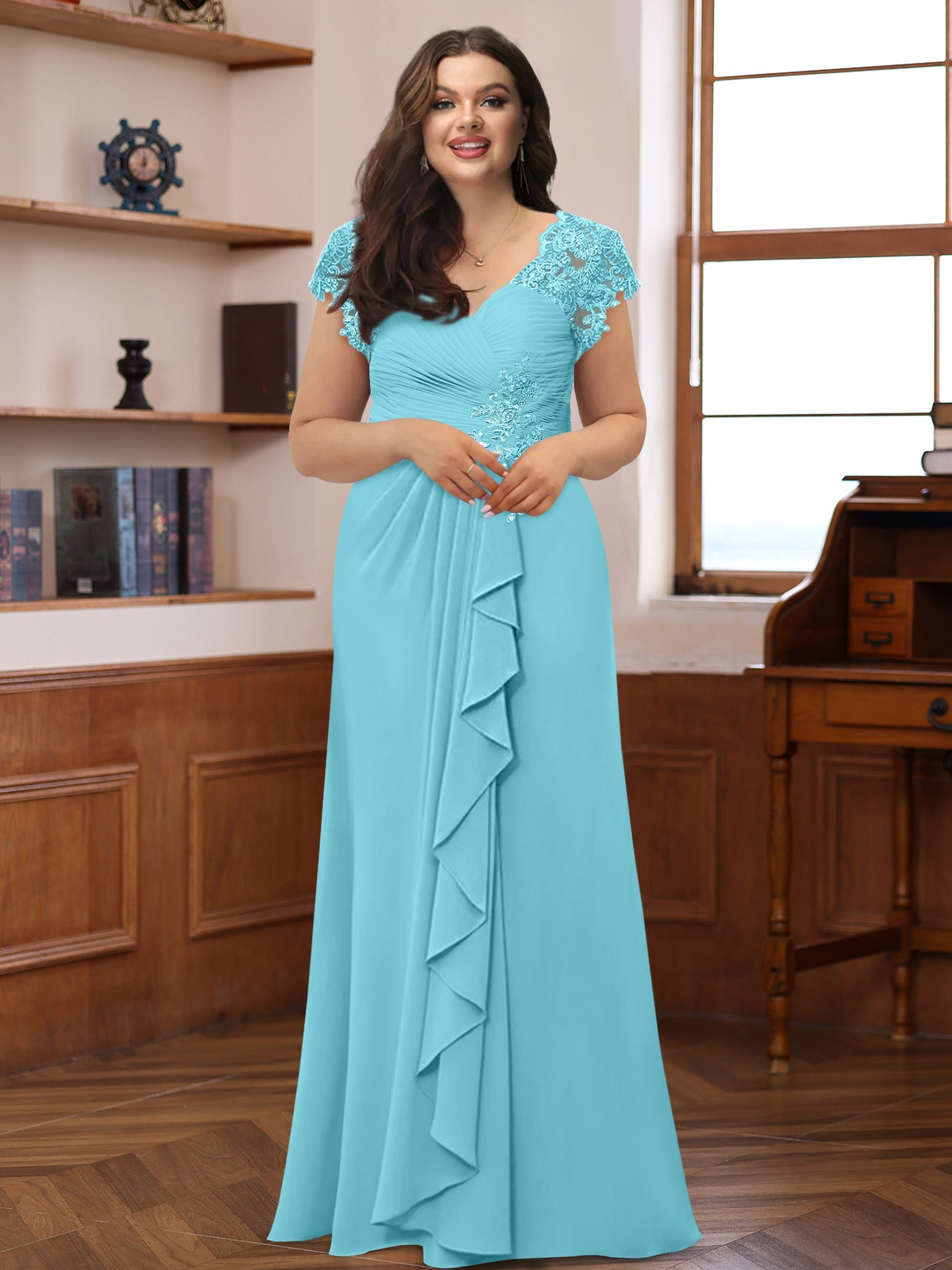 A-Line/Princess V-Neck Short Sleeves Pleated Plus Size Mother of the Bride & Groom Dresses with Ruffles & Appliques - 画像 (3)