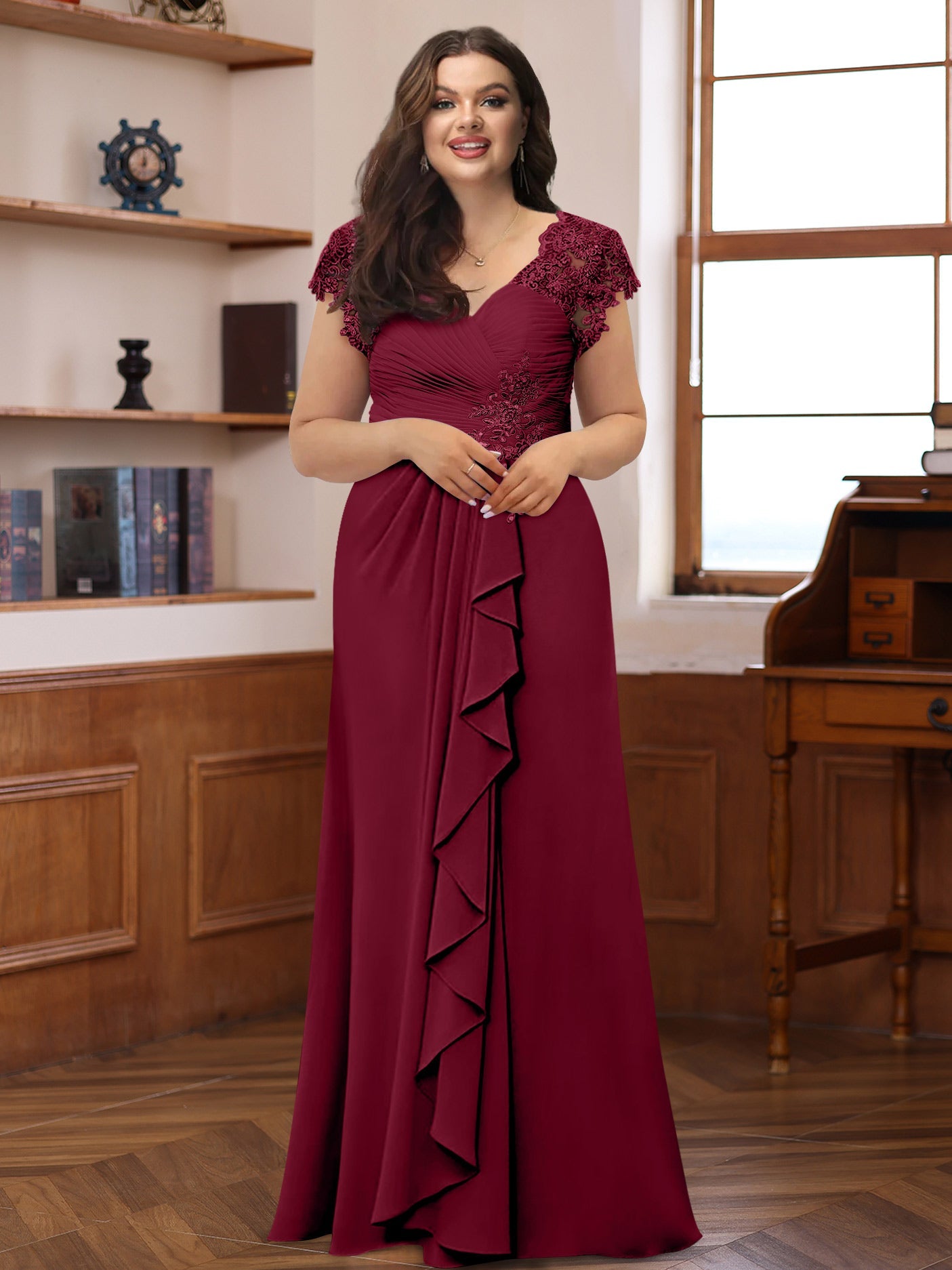 A-Line/Princess V-Neck Short Sleeves Pleated Plus Size Mother of the Bride & Groom Dresses with Ruffles & Appliques - 画像 (4)