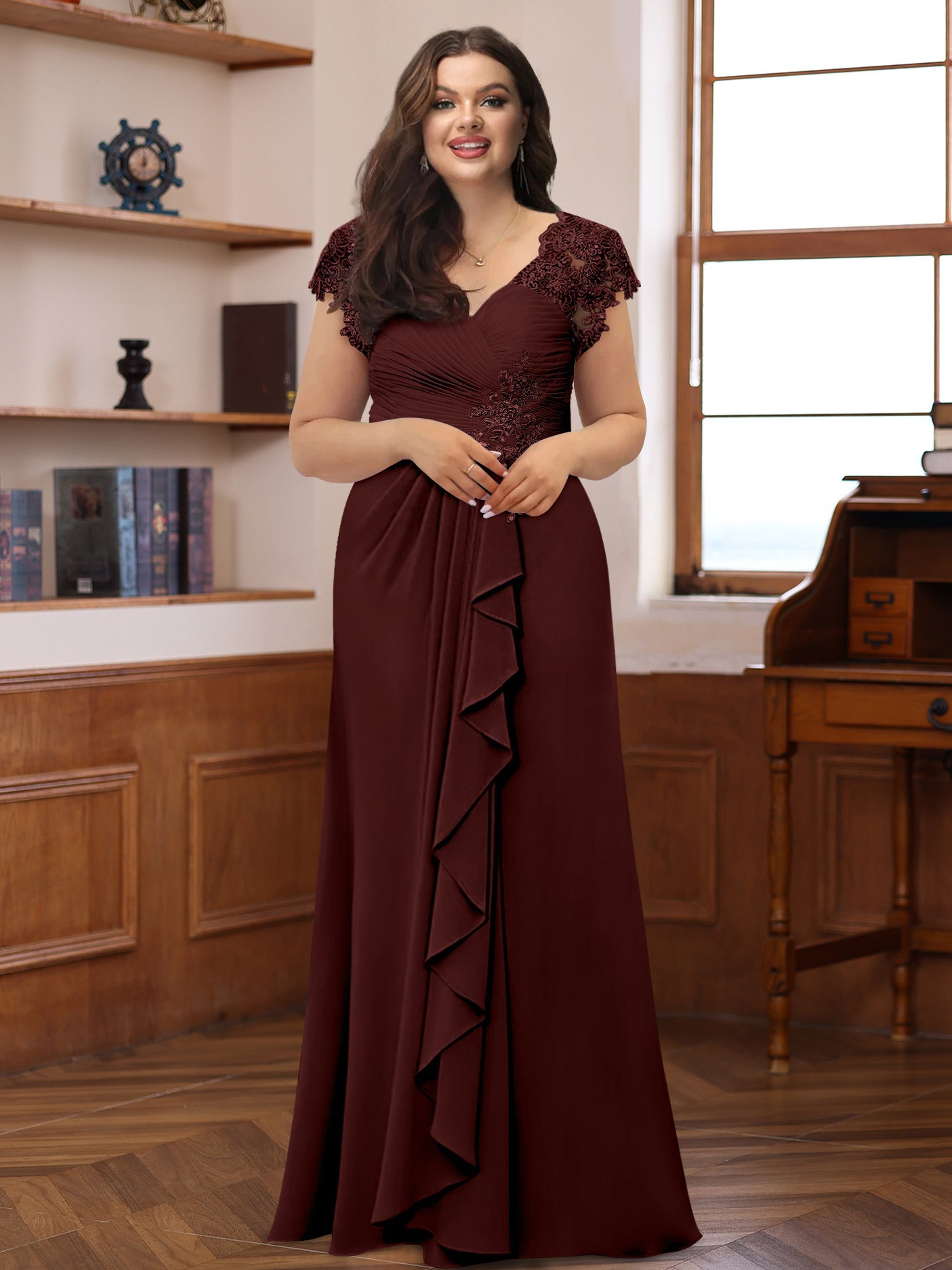 A-Line/Princess V-Neck Short Sleeves Pleated Plus Size Mother of the Bride & Groom Dresses with Ruffles & Appliques - 画像 (5)