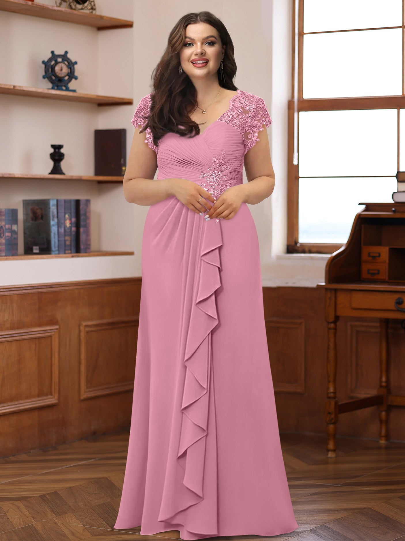 A-Line/Princess V-Neck Short Sleeves Pleated Plus Size Mother of the Bride & Groom Dresses with Ruffles & Appliques - 画像 (6)
