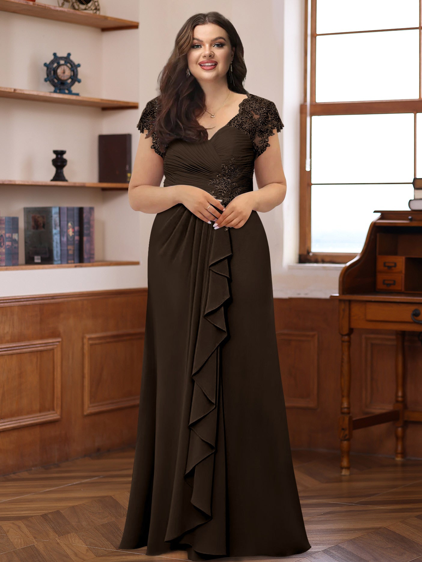 A-Line/Princess V-Neck Short Sleeves Pleated Plus Size Mother of the Bride & Groom Dresses with Ruffles & Appliques - 画像 (10)