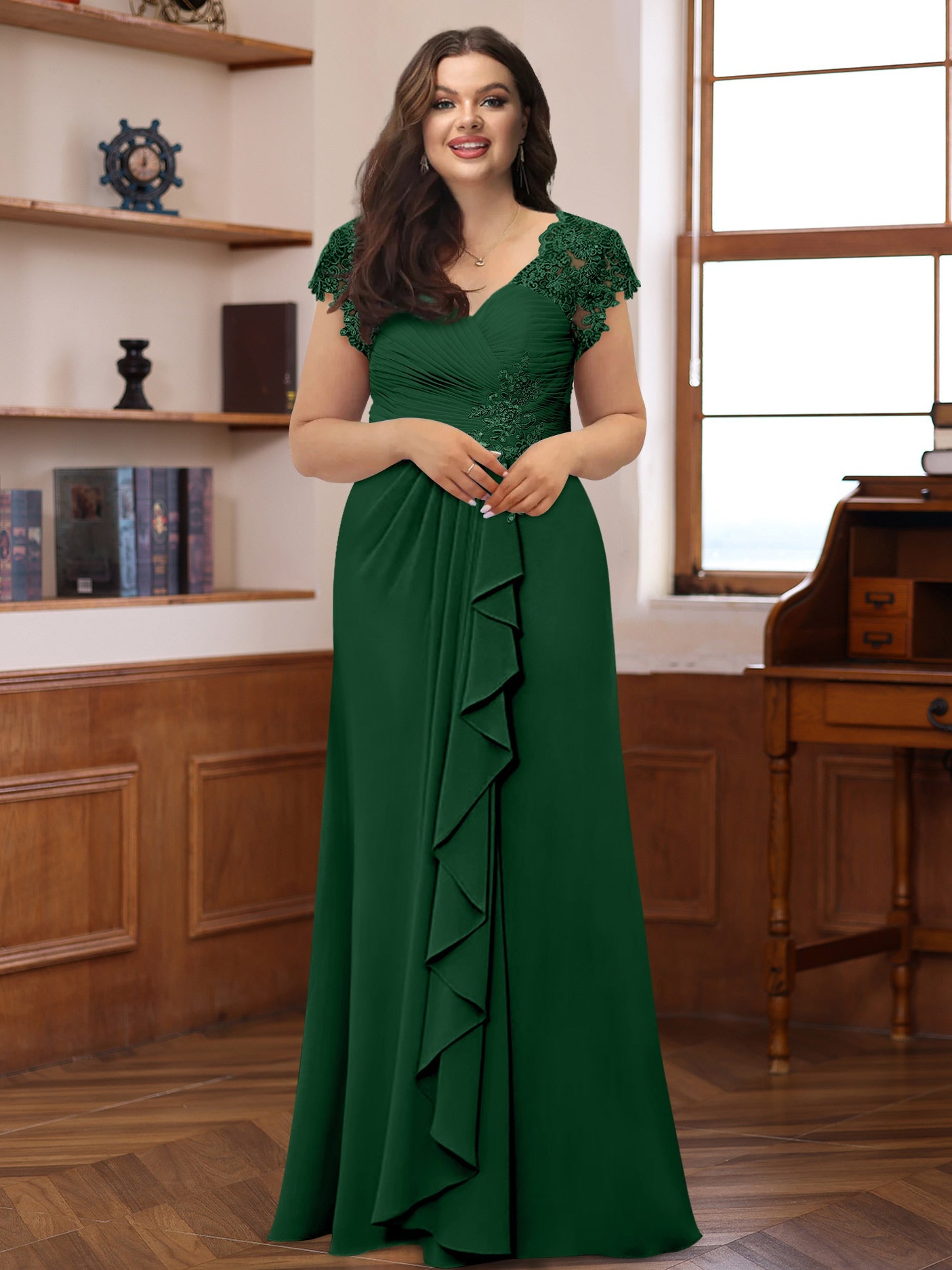 A-Line/Princess V-Neck Short Sleeves Pleated Plus Size Mother of the Bride & Groom Dresses with Ruffles & Appliques - 画像 (13)