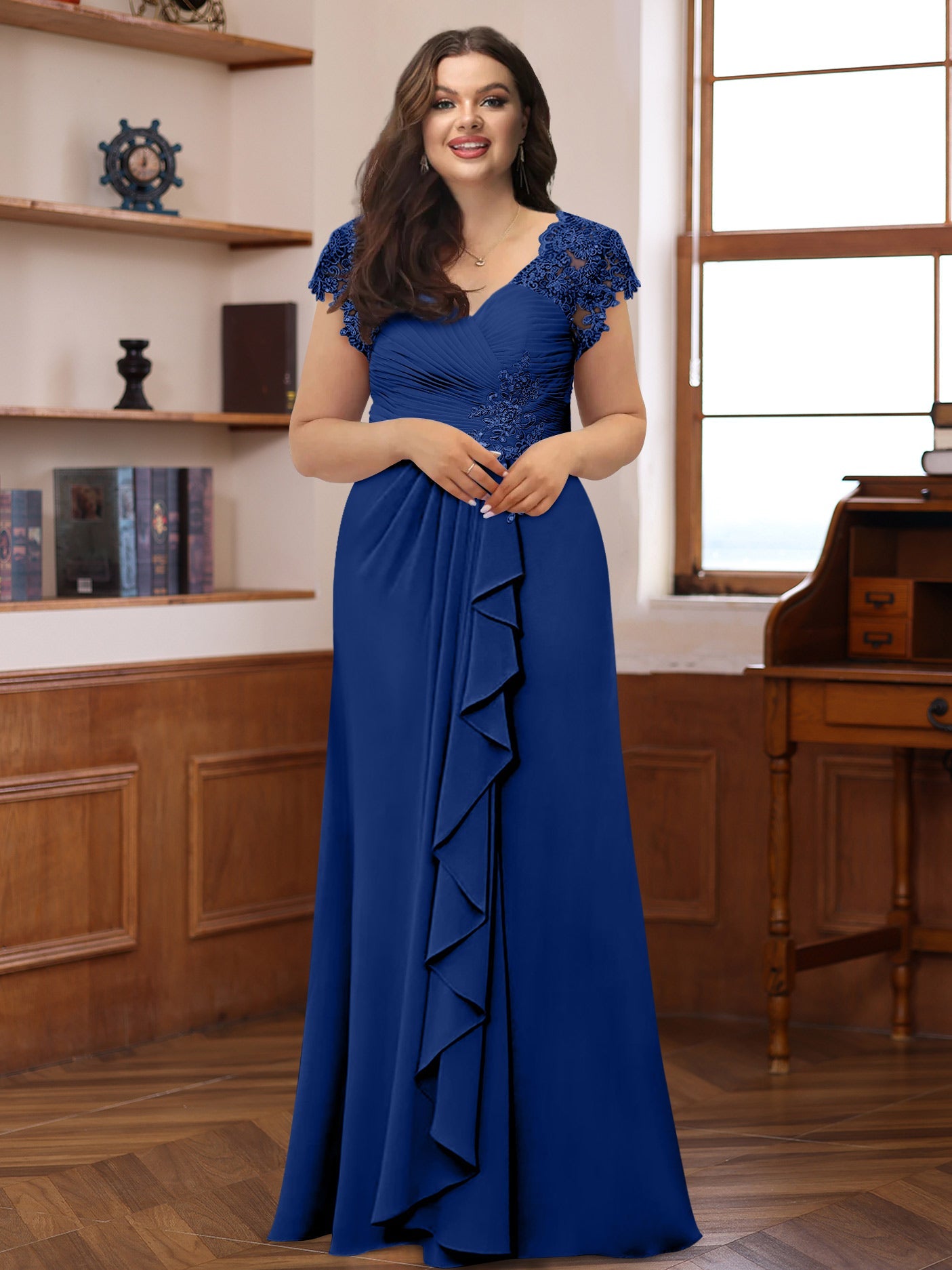 A-Line/Princess V-Neck Short Sleeves Pleated Plus Size Mother of the Bride & Groom Dresses with Ruffles & Appliques - 画像 (14)