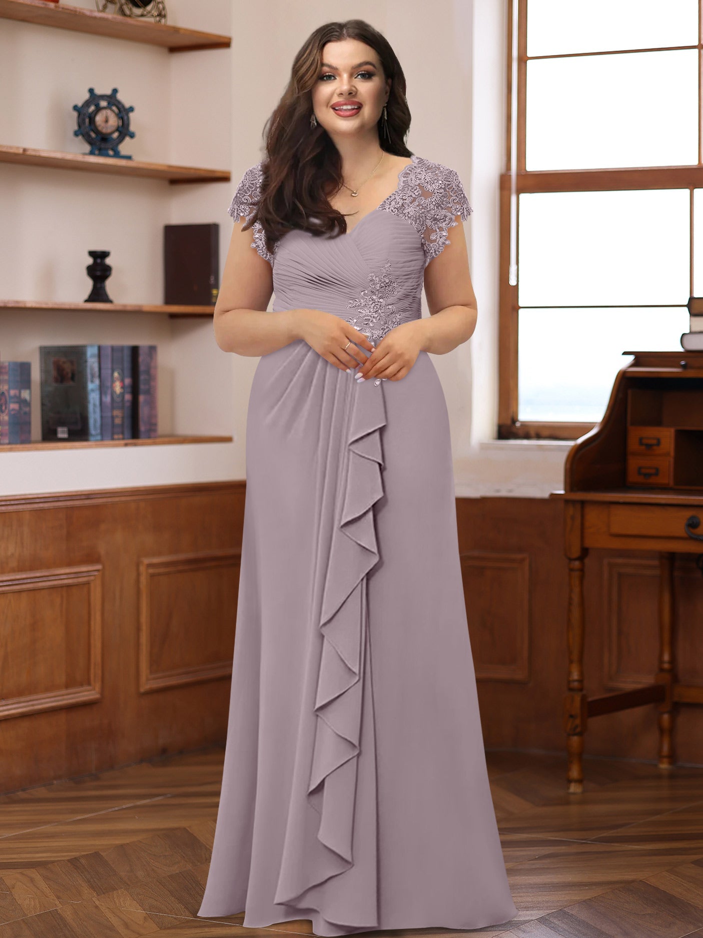A-Line/Princess V-Neck Short Sleeves Pleated Plus Size Mother of the Bride & Groom Dresses with Ruffles & Appliques - 画像 (15)