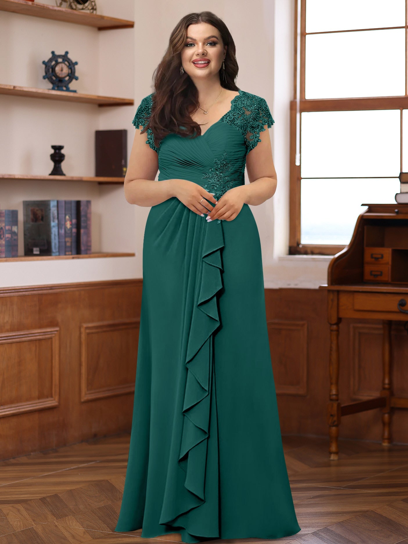 A-Line/Princess V-Neck Short Sleeves Pleated Plus Size Mother of the Bride & Groom Dresses with Ruffles & Appliques - 画像 (18)