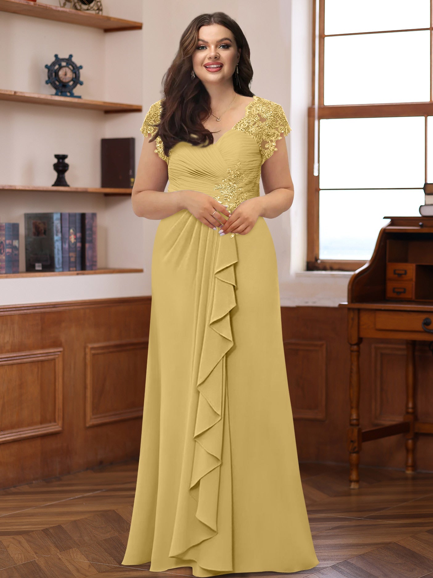 A-Line/Princess V-Neck Short Sleeves Pleated Plus Size Mother of the Bride & Groom Dresses with Ruffles & Appliques - 画像 (20)
