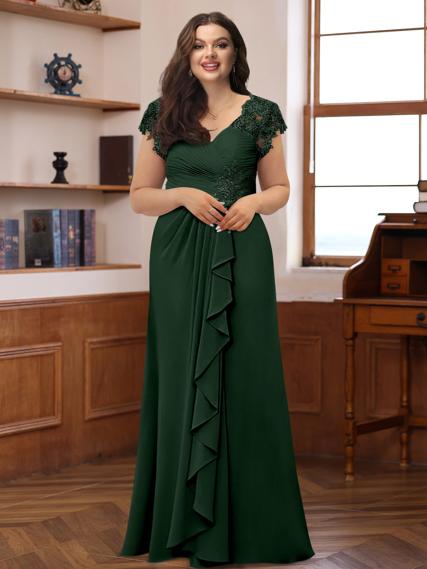 A-Line/Princess V-Neck Short Sleeves Pleated Plus Size Mother of the Bride & Groom Dresses with Ruffles & Appliques - 画像 (22)