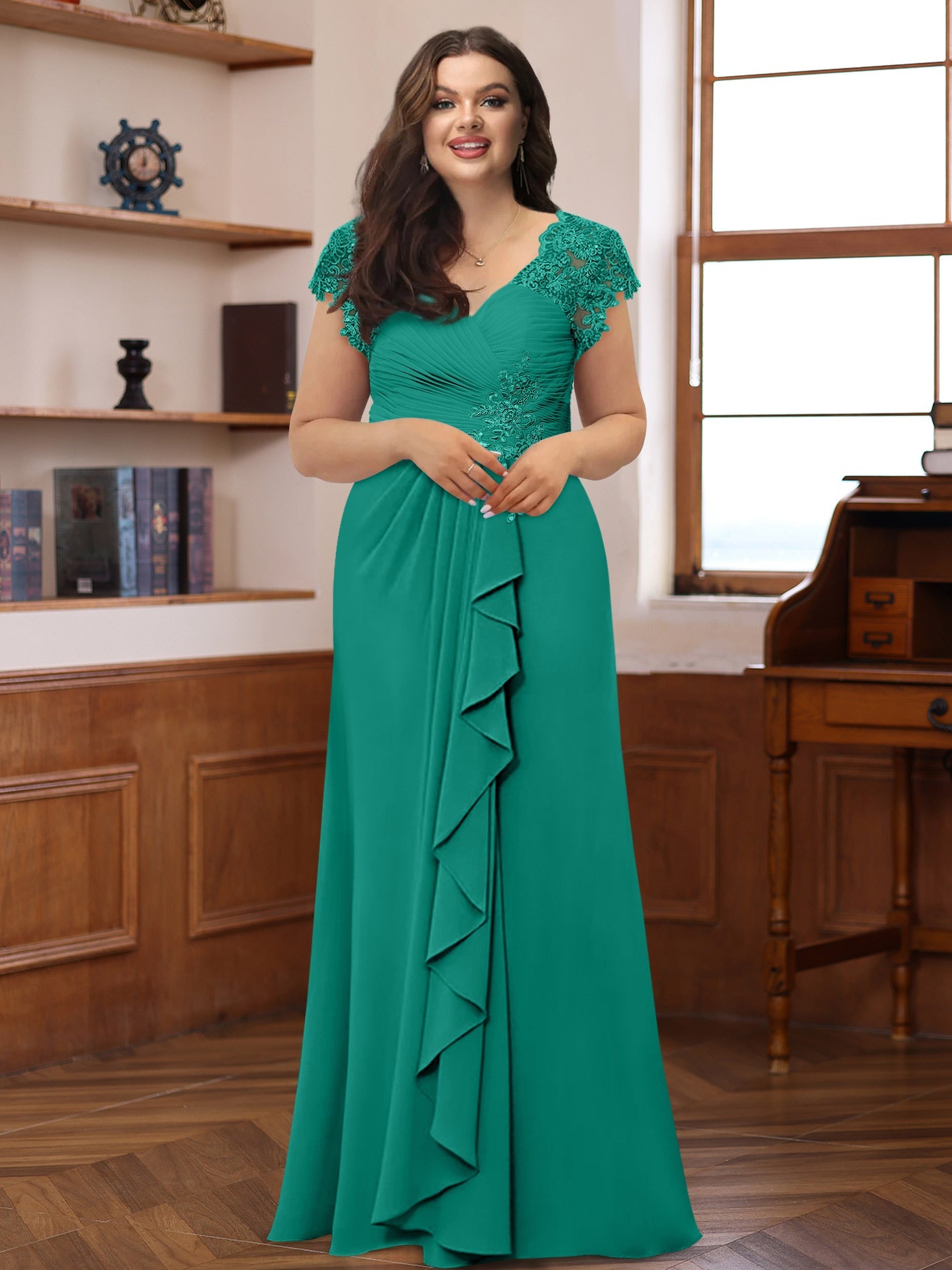 A-Line/Princess V-Neck Short Sleeves Pleated Plus Size Mother of the Bride & Groom Dresses with Ruffles & Appliques - 画像 (25)