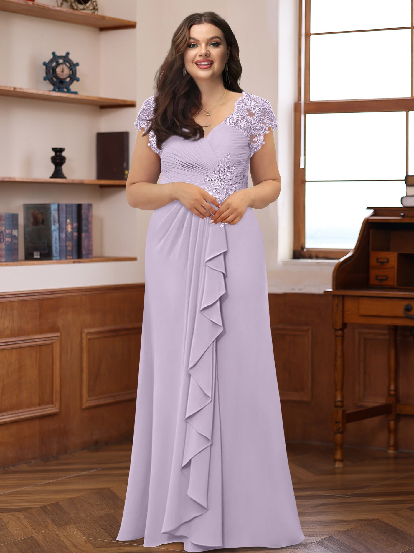 A-Line/Princess V-Neck Short Sleeves Pleated Plus Size Mother of the Bride & Groom Dresses with Ruffles & Appliques - 画像 (27)