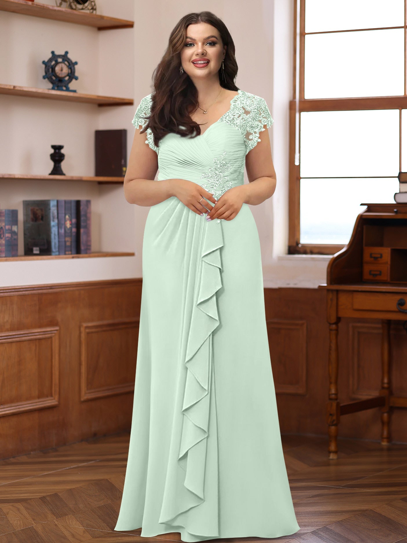 A-Line/Princess V-Neck Short Sleeves Pleated Plus Size Mother of the Bride & Groom Dresses with Ruffles & Appliques - 画像 (29)