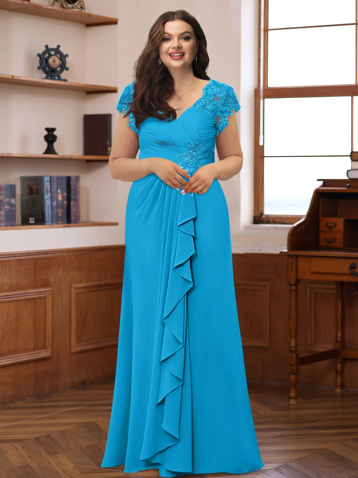 A-Line/Princess V-Neck Short Sleeves Pleated Plus Size Mother of the Bride & Groom Dresses with Ruffles & Appliques - 画像 (32)