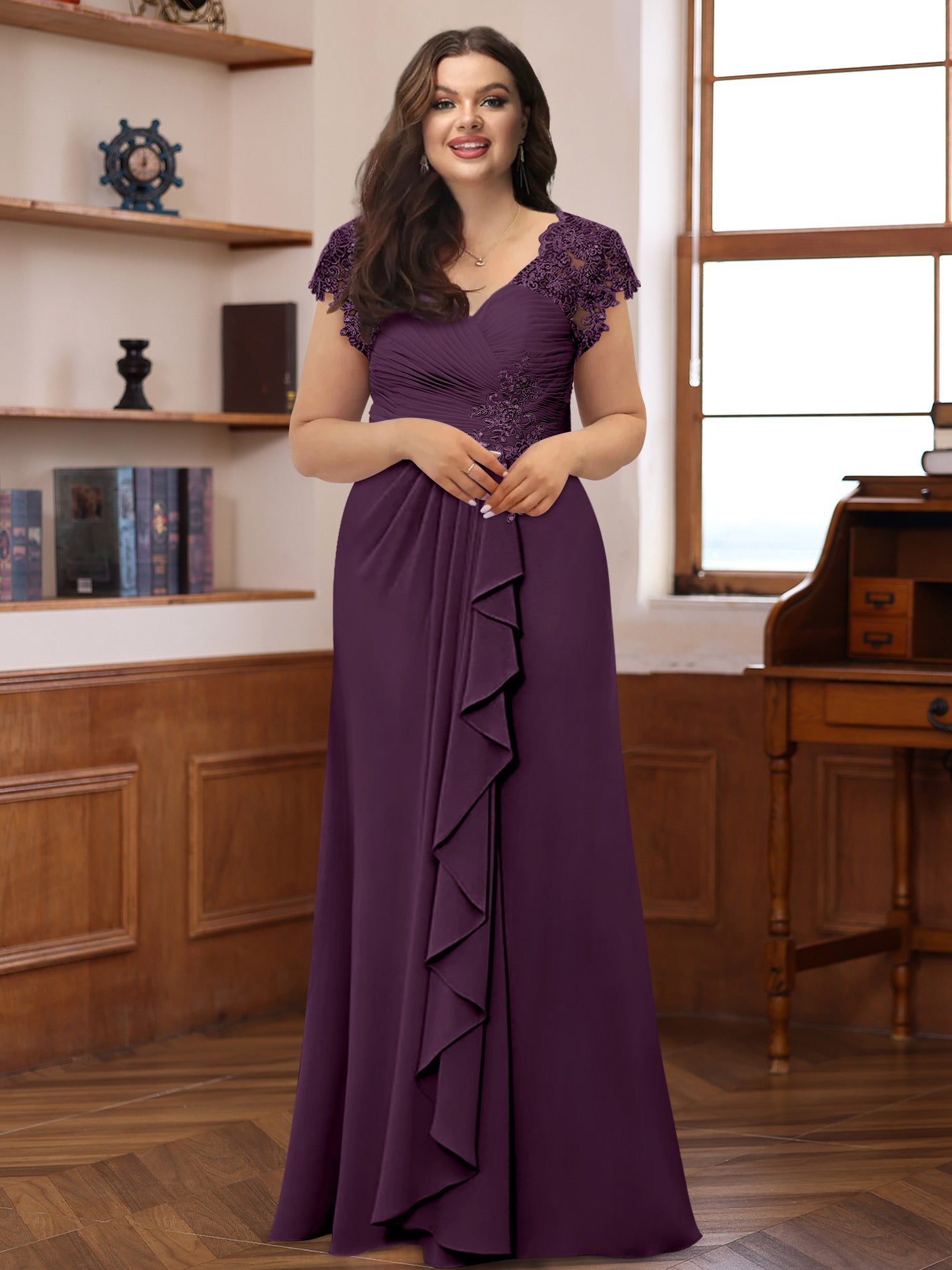 A-Line/Princess V-Neck Short Sleeves Pleated Plus Size Mother of the Bride & Groom Dresses with Ruffles & Appliques - 画像 (37)