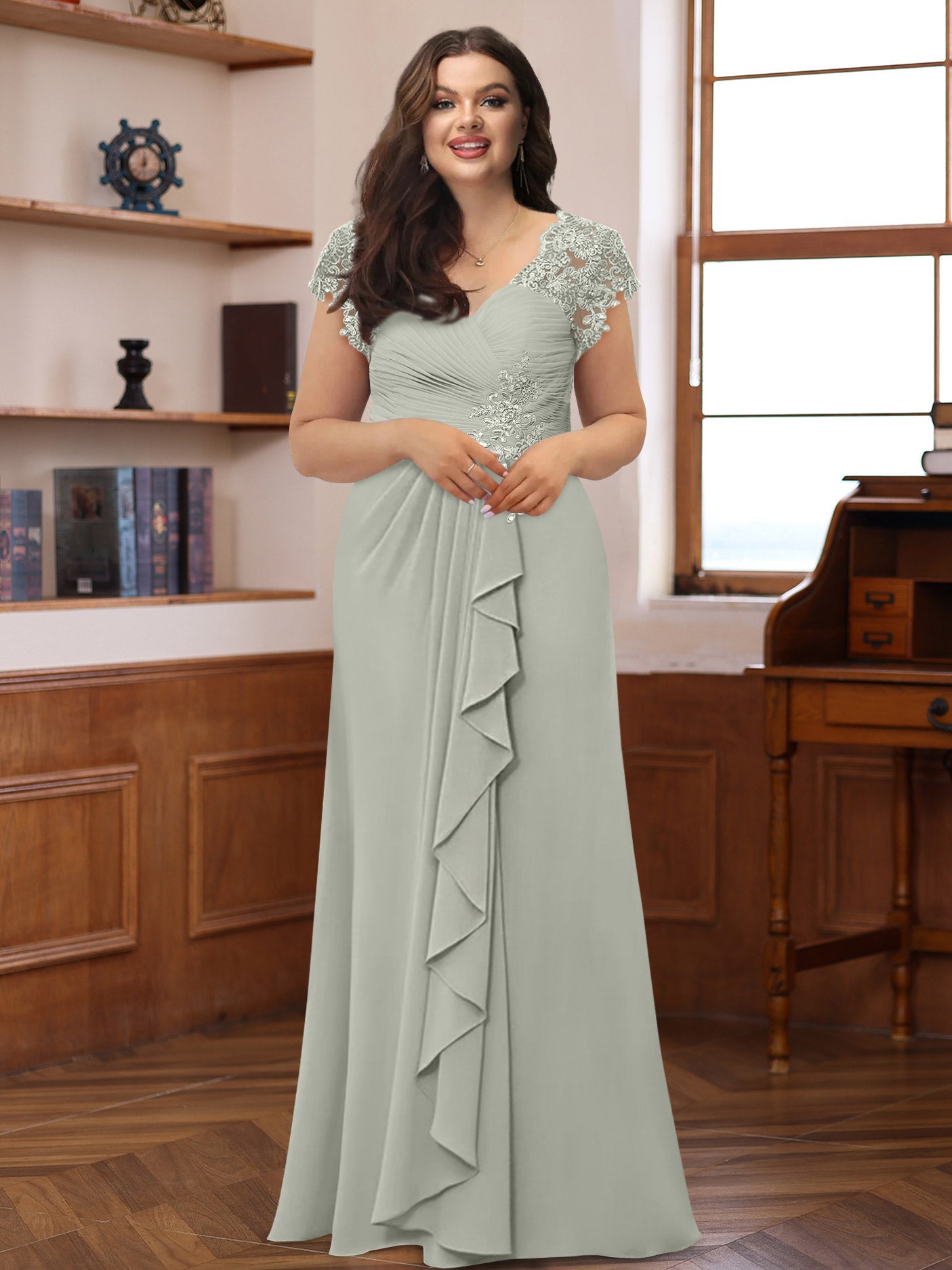 A-Line/Princess V-Neck Short Sleeves Pleated Plus Size Mother of the Bride & Groom Dresses with Ruffles & Appliques - 画像 (43)