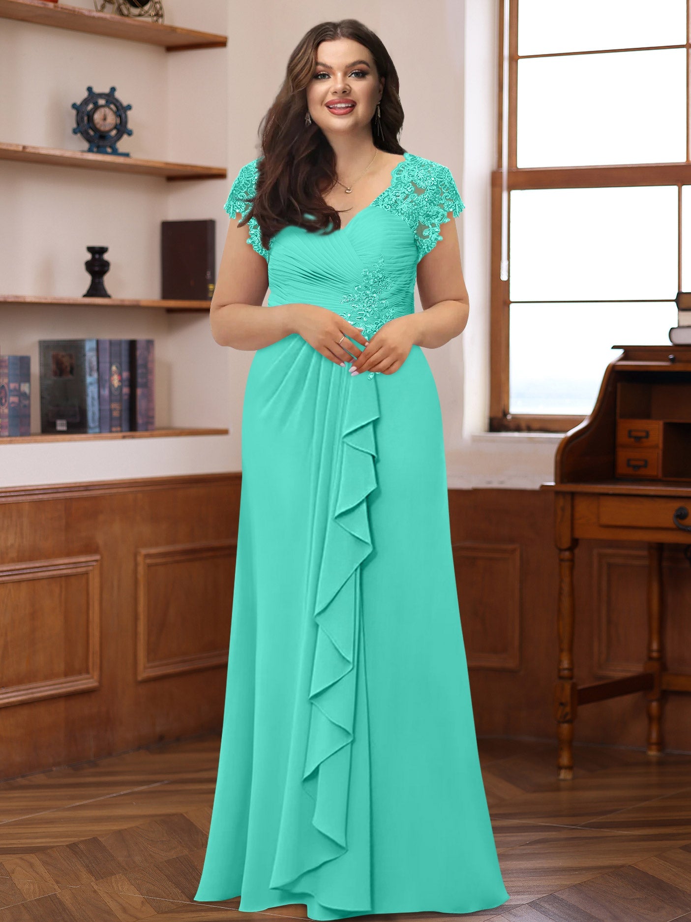 A-Line/Princess V-Neck Short Sleeves Pleated Plus Size Mother of the Bride & Groom Dresses with Ruffles & Appliques - 画像 (45)